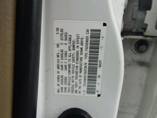 19UUA66215A072676 - 2005 ACURA TL WHITE photo 10