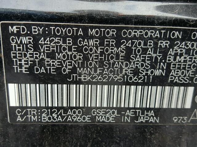 JTHBK262795106211 - 2009 LEXUS IS 250 BLACK photo 10