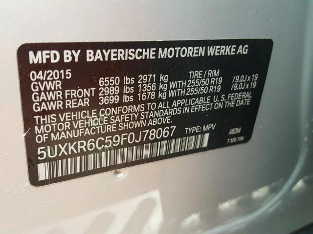 5UXKR6C59F0J78067 - 2015 BMW X5 XDRIVE5 SILVER photo 10