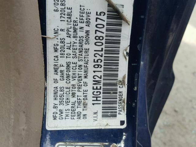 1HGEM21952L087075 - 2002 HONDA CIVIC EX Mavi foto 10