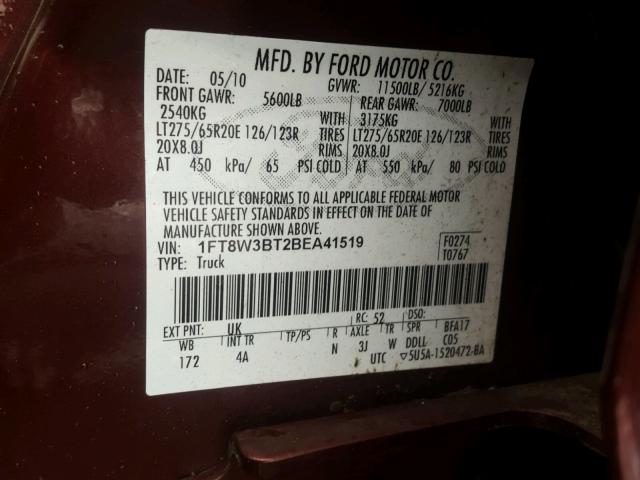 1FT8W3BT2BEA41519 - 2011 FORD F350 SUPER MAROON photo 10