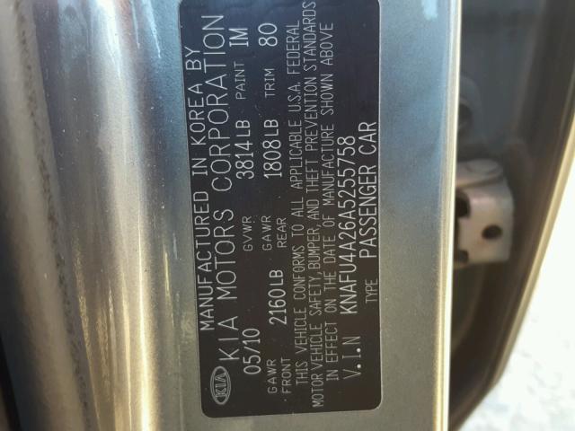 KNAFU4A26A5255758 - 2010 KIA FORTE EX GRAY photo 10