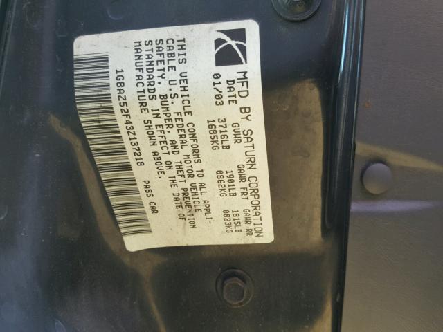 1G8AZ52F43Z137218 - 2003 SATURN ION LEVEL SILVER photo 10