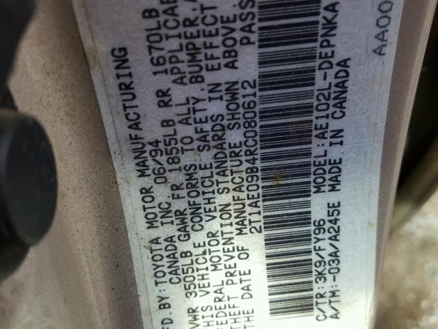 2T1AE09B4RC080612 - 1994 TOYOTA COROLLA LE 棕色 照片 10