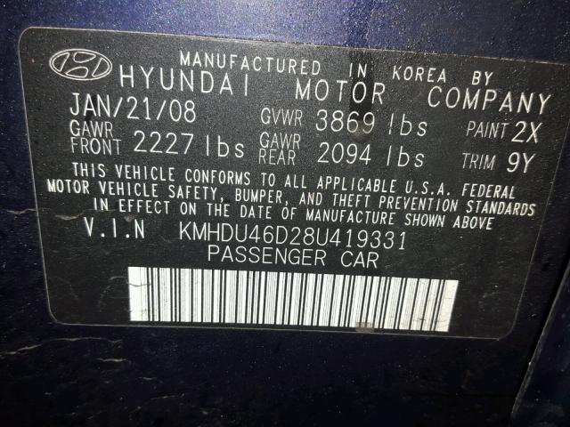 KMHDU46D28U419331 - 2008 HYUNDAI ELANTRA GL BLUE photo 10