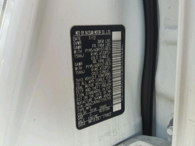 JN8AZ2KR6CT255745 - 2012 NISSAN CUBE BASE WHITE photo 10