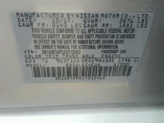 3N1AB7AP0JY212460 - 2018 NISSAN SENTRA S SILVER photo 10