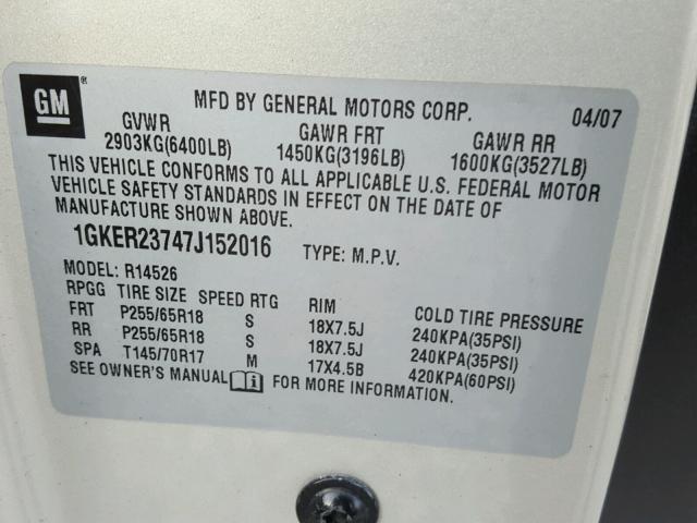 1GKER23747J152016 - 2007 GMC ACADIA SLT ოქროსფერი ფოტო 10