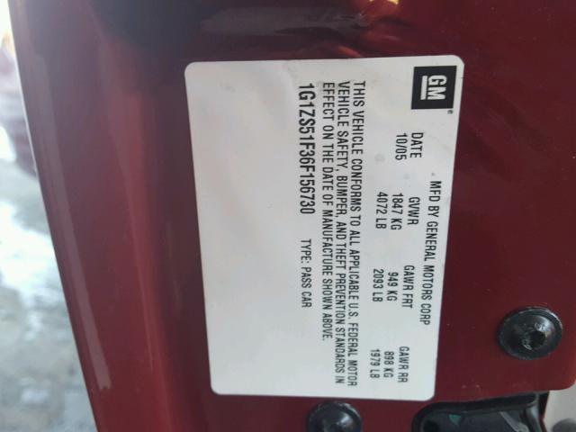 1G1ZS51F36F156730 - 2006 CHEVROLET MALIBU LS RED photo 10