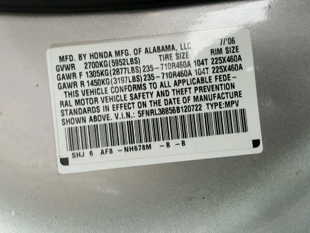 5FNRL38856B120722 - 2006 HONDA ODYSSEY TO SILVER photo 10