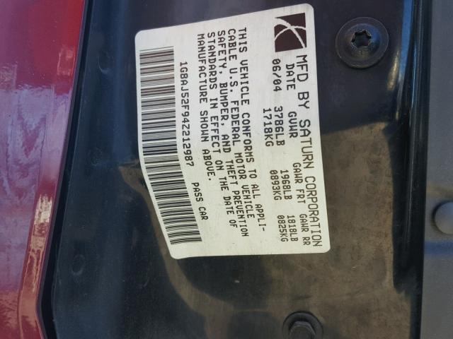 1G8AJ52F94Z212987 - 2004 SATURN ION LEVEL MAROON photo 10