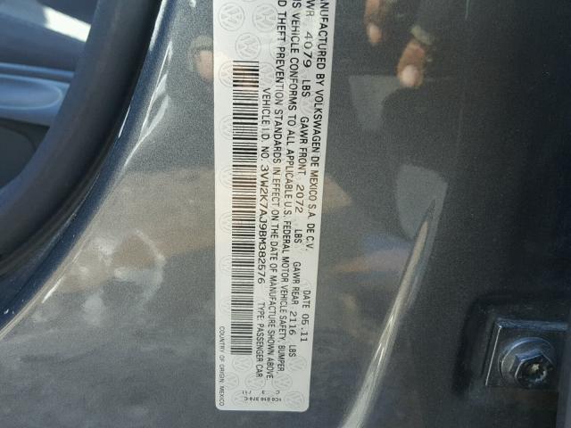 3VW2K7AJ9BM382576 - 2011 VOLKSWAGEN JETTA BASE 灰色 照片 10