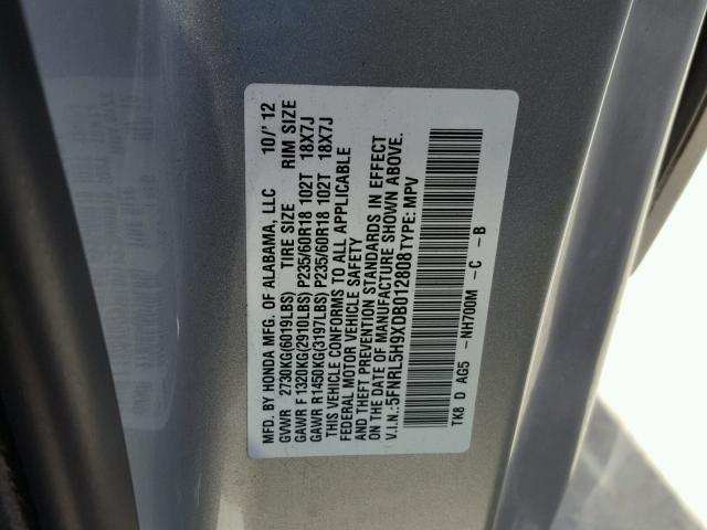 5FNRL5H9XDB012808 - 2013 HONDA ODYSSEY TO SILVER photo 10