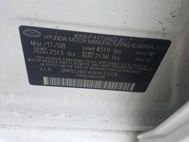 5NPEU46F69H433108 - 2009 HYUNDAI SONATA SE WHITE photo 10