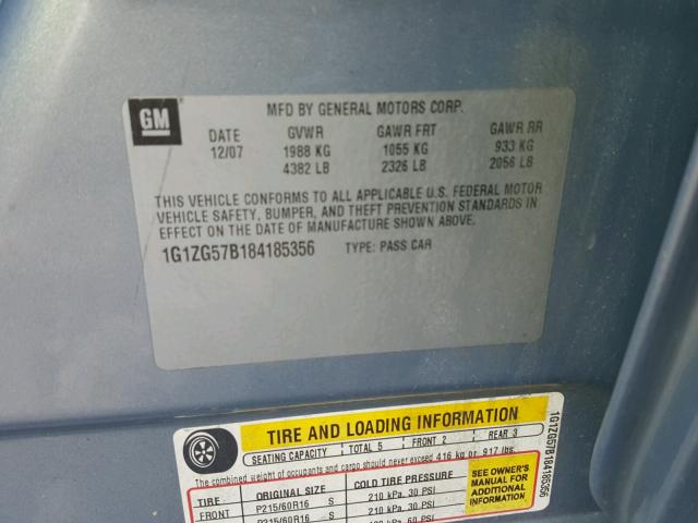 1G1ZG57B184185356 - 2008 CHEVROLET MALIBU LS BLUE photo 10