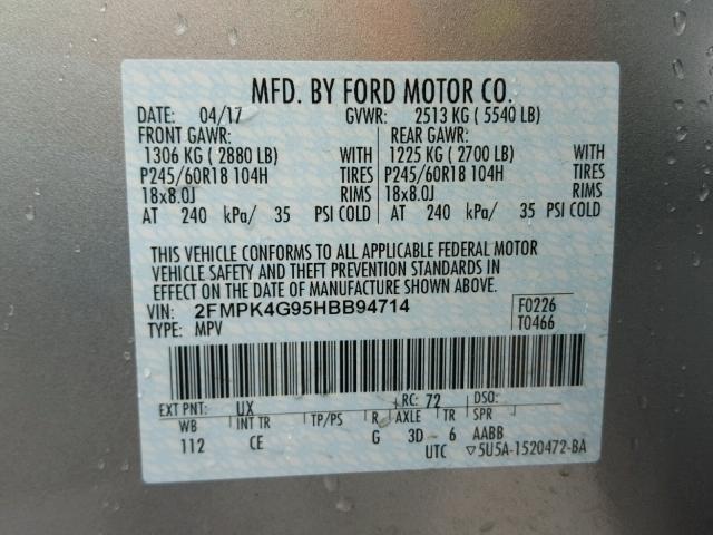 2FMPK4G95HBB94714 - 2017 FORD EDGE SE SILVER photo 10