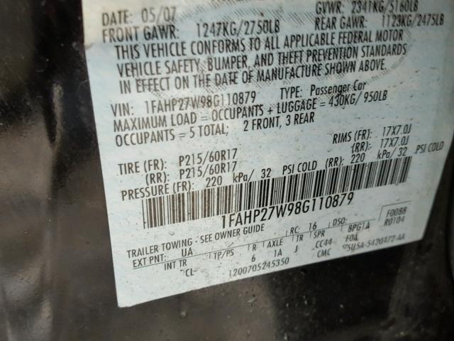 1FAHP27W98G110879 - 2008 FORD TAURUS SEL BLACK photo 10