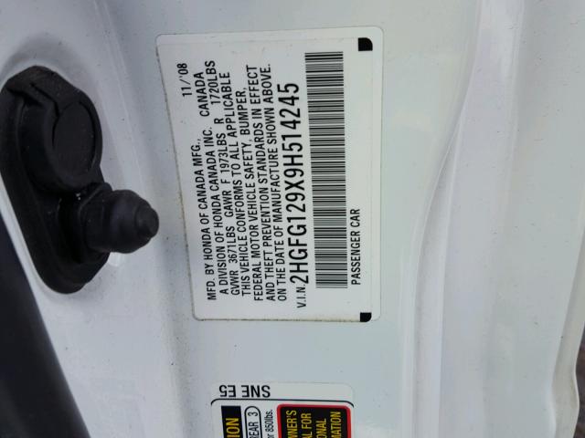 2HGFG129X9H514245 - 2009 HONDA CIVIC EXL WHITE photo 10
