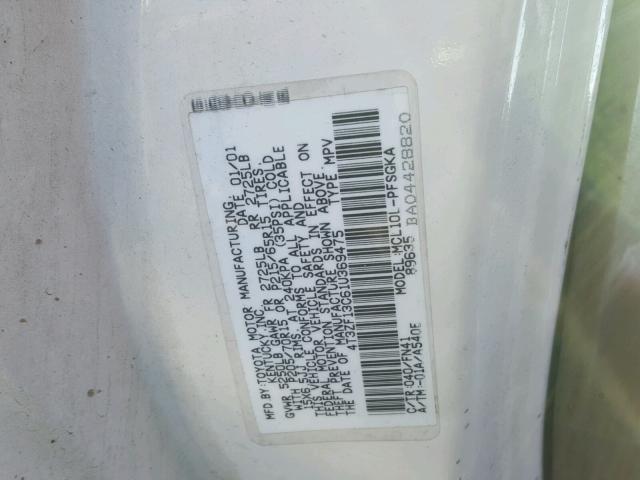 4T3ZF13C61U369475 - 2001 TOYOTA SIENNA LE WHITE photo 10