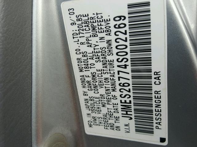 JHMES26774S002269 - 2004 HONDA CIVIC EX SILVER photo 10