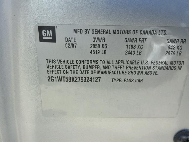 2G1WT58K279324127 - 2007 CHEVROLET IMPALA LT SILVER photo 10