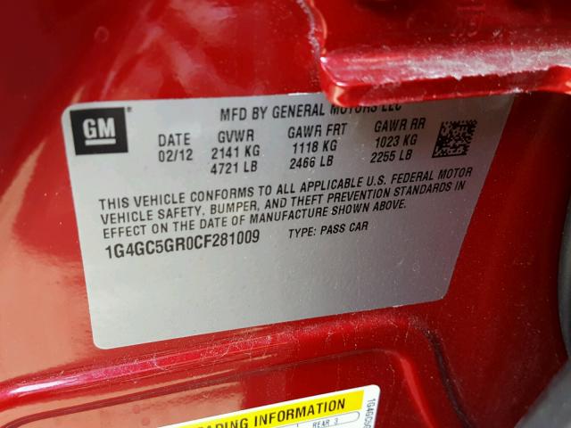 1G4GC5GR0CF281009 - 2012 BUICK LACROSSE RED photo 10