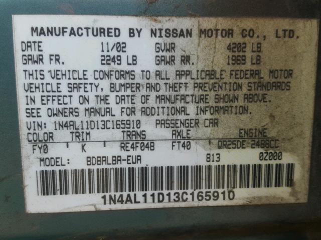 1N4AL11D13C165910 - 2003 NISSAN ALTIMA BAS GREEN photo 10