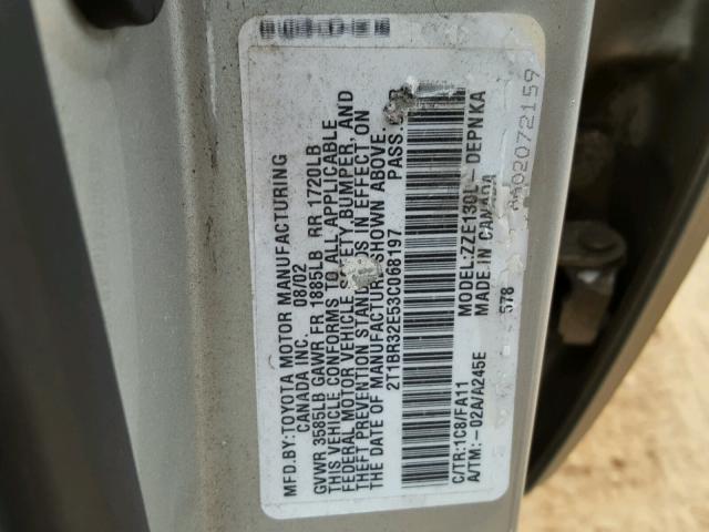 2T1BR32E53C068197 - 2003 TOYOTA COROLLA CE SILVER photo 10