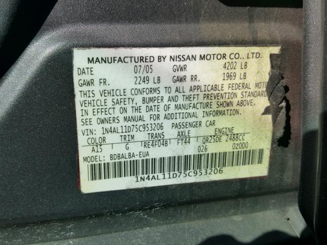 1N4AL11D75C953206 - 2005 NISSAN ALTIMA S GRAY photo 10