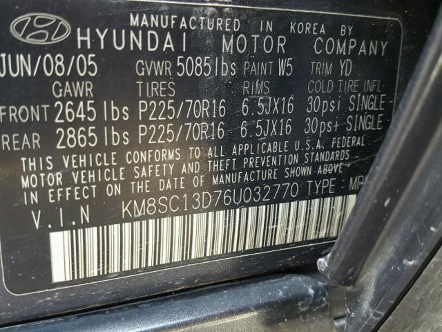 KM8SC13D76U032770 - 2006 HYUNDAI SANTA FE G BLUE photo 10