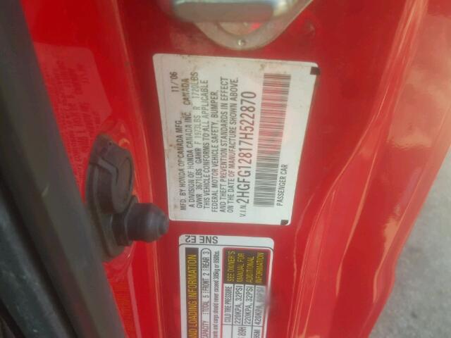 2HGFG12817H522870 - 2007 HONDA CIVIC EX RED photo 10