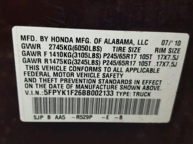 5FPYK1F26BB002133 - 2011 HONDA RIDGELINE GRAY photo 10