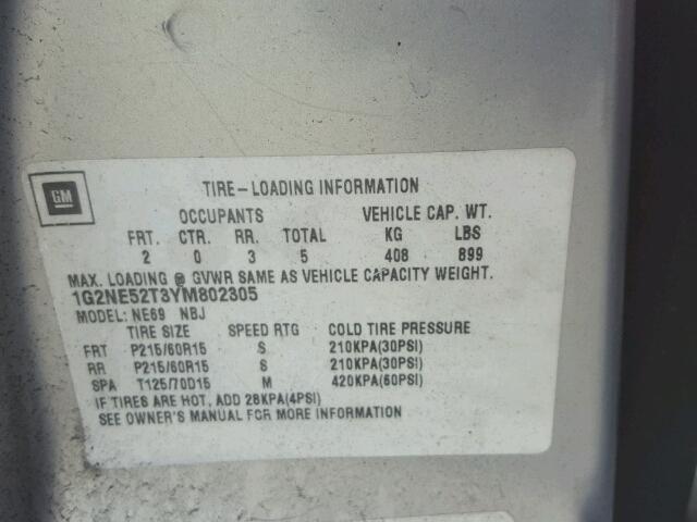 1G2NE52T3YM802305 - 2000 PONTIAC GRAND AM S Gümüş foto 10