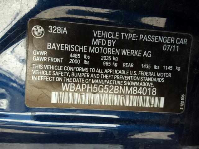 WBAPH5G52BNM84018 - 2011 BMW 328 I SULE BLUE photo 10