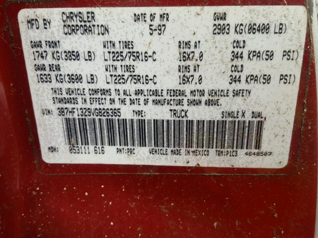 3B7HF13Z9VG826365 - 1997 DODGE RAM 1500 RED photo 10