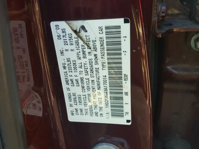 1HGCP26449A170014 - 2009 HONDA ACCORD LXP BURGUNDY photo 10