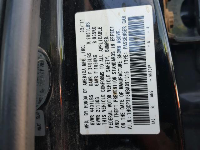 1HGCP2F86BA091016 - 2011 HONDA ACCORD EXL BLACK photo 10