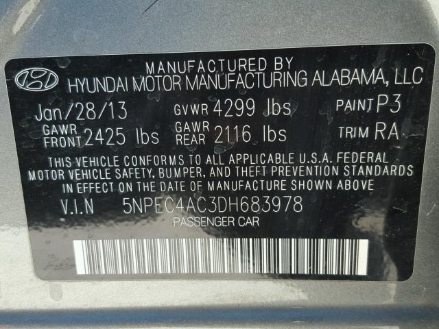 5NPEC4AC3DH683978 - 2013 HYUNDAI SONATA SE GRAY photo 10