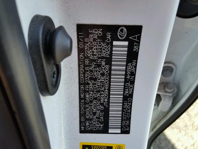 JTHKD5BH6B2007098 - 2011 LEXUS CT 200 WHITE photo 10