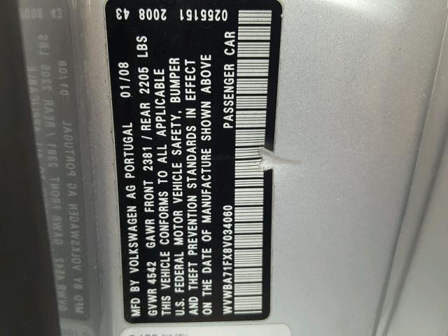 WVWBA71FX8V034060 - 2008 VOLKSWAGEN EOS TURBO SILVER photo 10