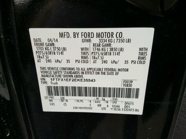 1FTFX1EF2EKE35543 - 2014 FORD F150 SUPER BLACK photo 10