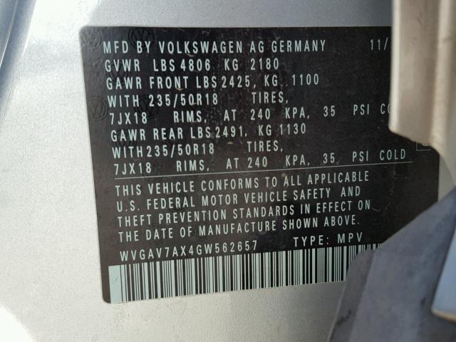 WVGAV7AX4GW562657 - 2016 VOLKSWAGEN TIGUAN S SILVER photo 10