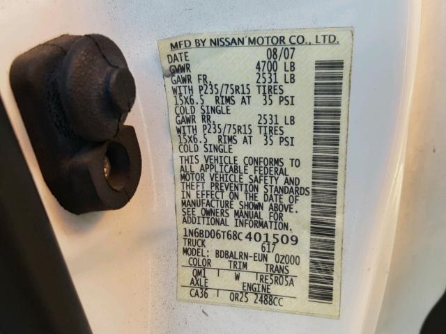 1N6BD06T68C401509 - 2008 NISSAN FRONTIER K WHITE photo 10