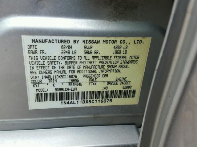 1N4AL11DX5C116076 - 2005 NISSAN ALTIMA S SILVER photo 10