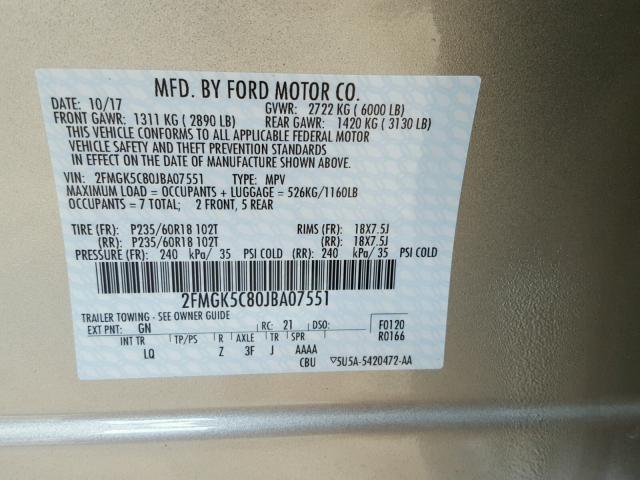 2FMGK5C80JBA07551 - 2018 FORD FLEX SEL بيج صورة 10