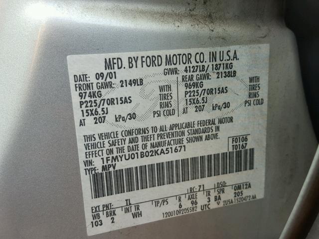 1FMYU01B02KA51671 - 2002 FORD ESCAPE XLS SILVER photo 10