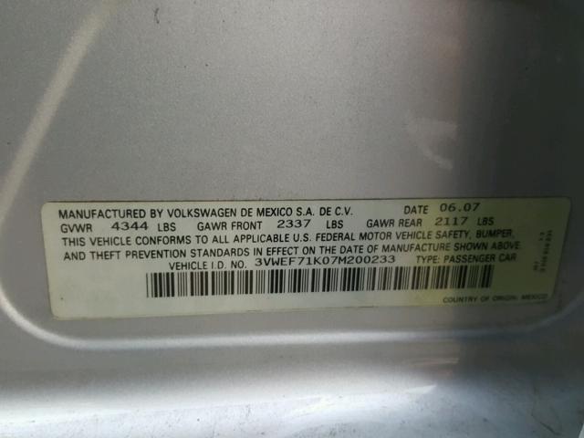 3VWEF71K07M200233 - 2007 VOLKSWAGEN JETTA WOLF SILVER photo 10