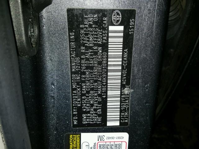 4T1BE46K97U108660 - 2007 TOYOTA CAMRY NEW GRAY photo 10