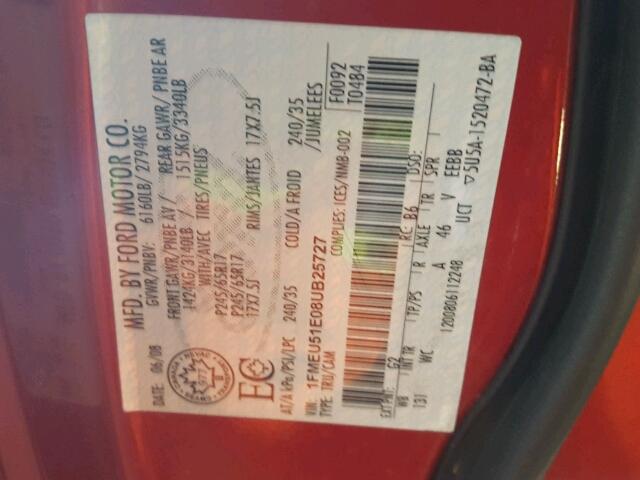 1FMEU51E08UB25727 - 2008 FORD EXPLORER S RED photo 10