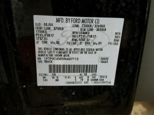 1FTPX14505NA07112 - 2005 FORD F150 BLACK photo 10